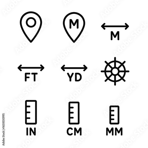 Measuring Units Icons. Outline icon set of measuring units: kilometers, miles, meters, feet, yards, nautical miles, inches,