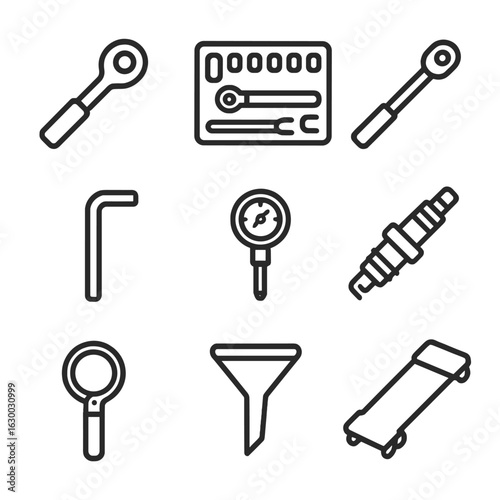 Mechanic Tool Icons. Outline icon set of mechanic’s tool bag contents: ratchet, socket set, torque wrench, hex key, tire gauge,
