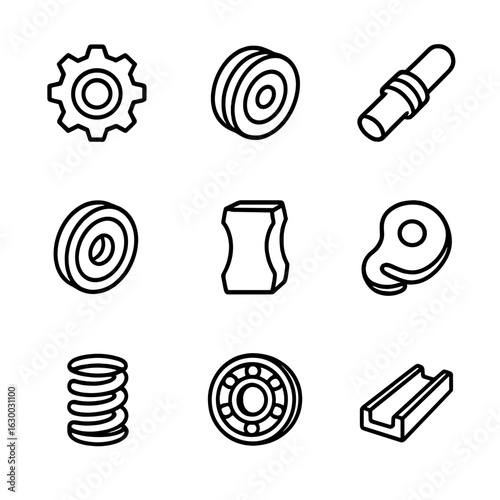 Mechanical Groove Icons. Outline icon set of groove in mechanical and industrial parts: gear groove, pulley groove, shaft groove,