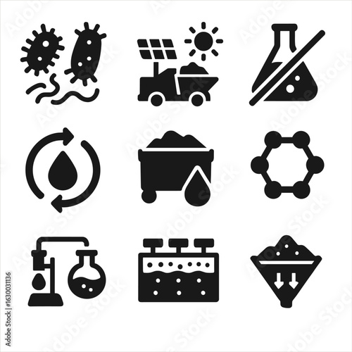 Eco-Friendly Metal Extraction. Solid, filled icons set of eco-friendly metal extraction: bioleaching microbes,