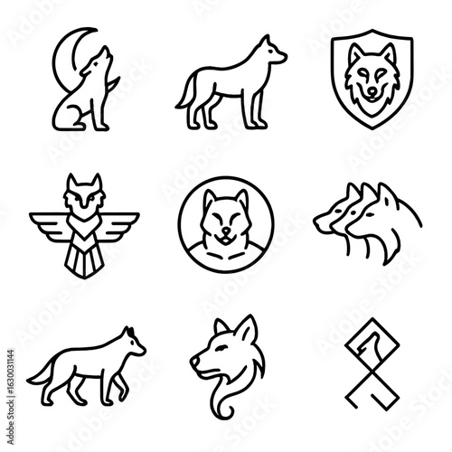 Wolf Icon Set. Outline icon set of wolf symbolism: moon and wolf silhouette, lone wolf icon, spirit animal badge, tribal totem,