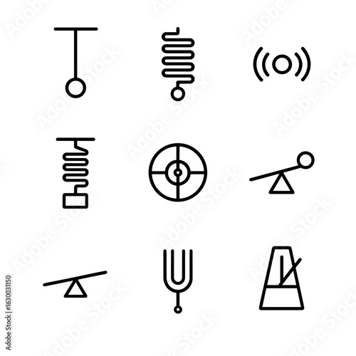 Mechanical Oscillation Icons. Outline icon set of mechanical oscillation: pendulum, spring, vibration, mass on spring, clock