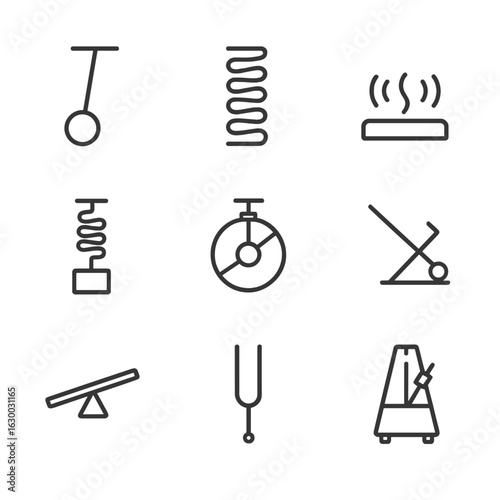 Mechanical Oscillation Icons. Outline icon set of mechanical oscillation: pendulum, spring, vibration, mass on spring, clock