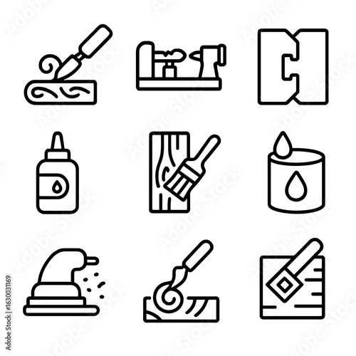 Wood Crafting Icons. Outline icon set of wood crafting: wood carving, wood turning lathe, wood joinery, wood glue, wood stain,