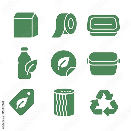 Eco-Friendly Packaging Icons. Solid, filled icons set of green packaging design: kraft paper box, paper tape,