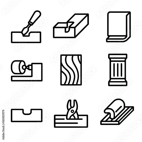 Woodworking Groove Icons. Outline icon set of groove in woodworking and craft: wood carving groove, joint groove, panel groove,