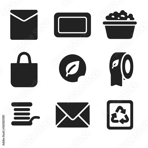 Eco-Friendly Packaging Icons. Solid, filled icons set of packaging alternatives for ecommerce: paper mailer,