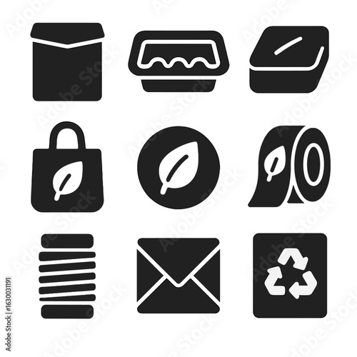 Eco-Friendly Packaging Icons. Solid, filled icons set of packaging alternatives for ecommerce: paper mailer,