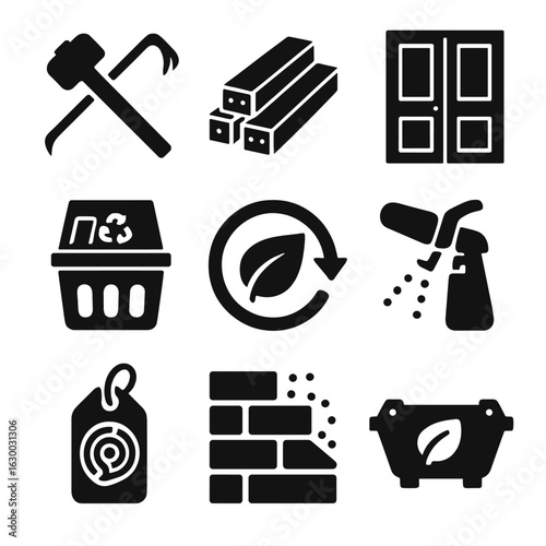 Eco-Friendly Icon Set. Solid, filled icons set of low-impact demolition: deconstruction tools, salvaged beams,