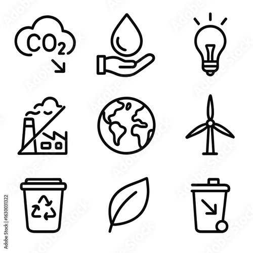 Eco-Friendly Icon Set. Outline icon set of environmental impact reduction: carbon offset, water saving, energy