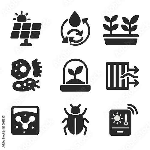 Eco-Habitat Icon Set. Solid, filled icons set of Self-sufficient habitat design: solar panels, water recycling