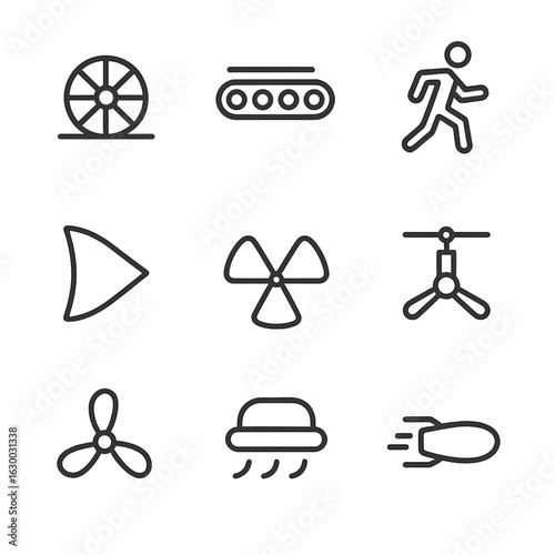 Mechanics and Locomotion Icons. Outline icon set of mechanics motions: linear motion, rotational motion, oscillation, vibration,