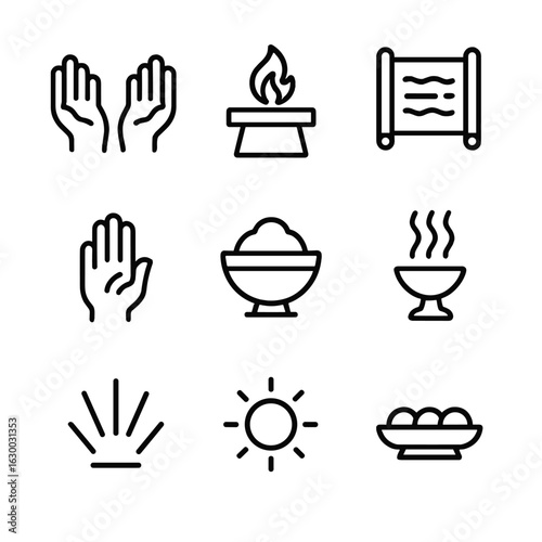 Worship Ritual Icons. Outline icon set of worship rituals: raised hands, altar flame, chant scroll, blessing gesture, sacrificial