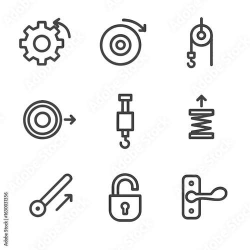 Mechanical Icon Set. Outline icon set of mechanical release: gear disengage, brake release, pulley, clutch, hydraulic piston,