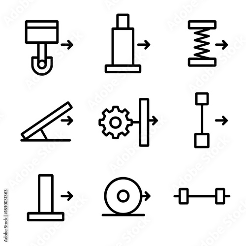 Mechanics Outline Icons. Outline icon set of push in mechanics: piston push, hydraulic push, spring push, lever push, gear push,
