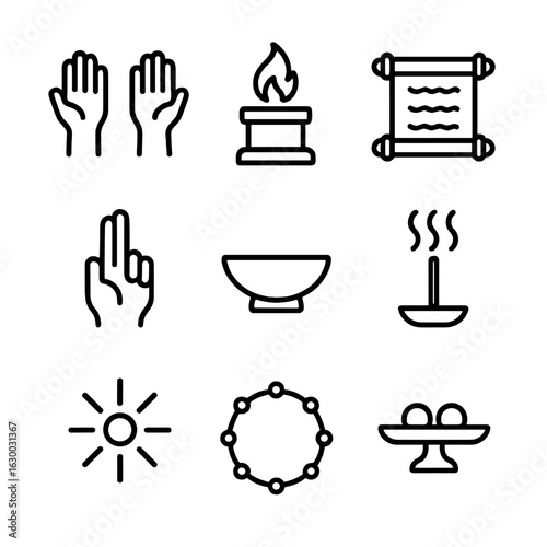 Worship Ritual Icons. Outline icon set of worship rituals: raised hands, altar flame, chant scroll, blessing gesture, sacrificial