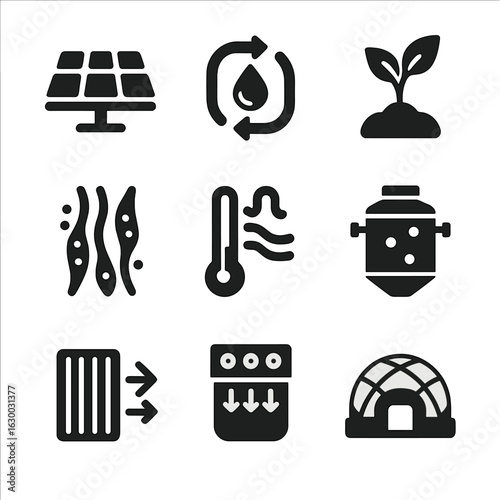 Eco-Tech Icons Grid. Solid, filled icons set of Eco-friendly habitat tech: solar panels, water recycling,