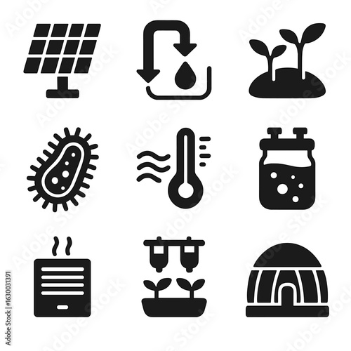 Eco-Tech Icons Grid. Solid, filled icons set of Eco-friendly habitat tech: solar panels, water recycling,