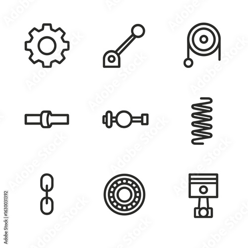 Mechanism Icons Grid. Outline icon set of mechanism components: gear, lever, pulley, camshaft, crankshaft, spring, chain, bearing,