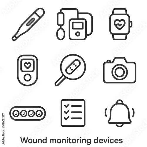 Wound Monitoring Icons. Outline icon set of wound monitoring devices: thermometer, blood pressure cuff, heart rate monitor, pulse