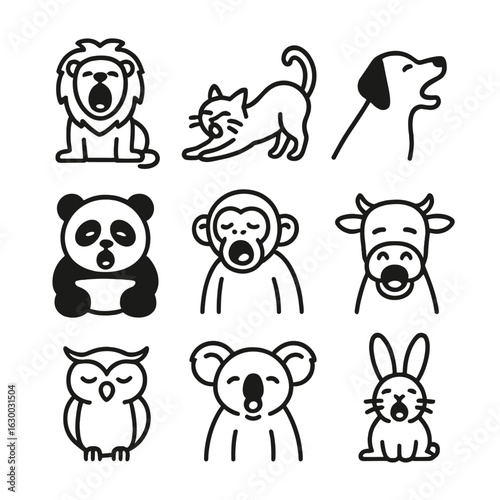 Yawning Animal Icons. Outline icon set of yawning animals: lion yawning, cat stretching yawning, dog yawning silhouette, panda
