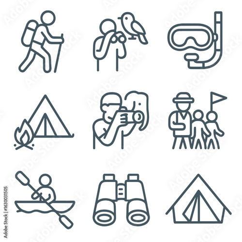 Eco-Tourism Icons Grid. Outline icon set of eco-tourism activities: hiking, bird watching, snorkeling, camping