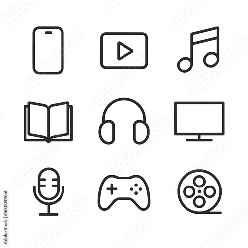 Media Icons Grid. Outline icon set of consuming media: smartphone, video play, music note, book, headphones, TV screen, podcast