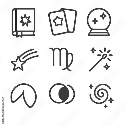 Destiny Icons Collection. Outline icon set of fate concepts: destiny book, tarot cards, crystal ball, shooting star, zodiac sign,