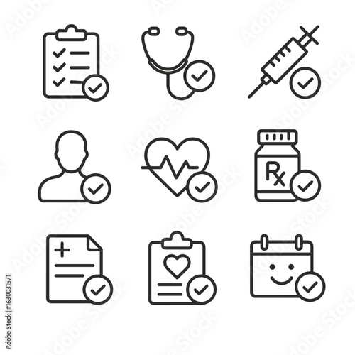 Medical Icons Set. Outline icon set of medical ticks: symptom checklist, diagnosis tick, vaccine approval, test results, patient