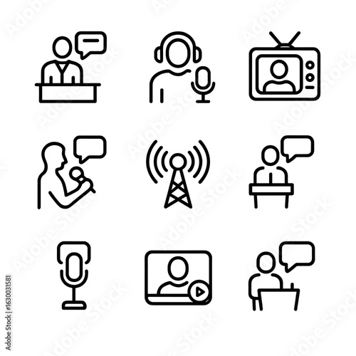 Media Speech Icons. Outline icon set of speech in media: news anchor, podcast, radio station, TV host, interview, audio broadcast,