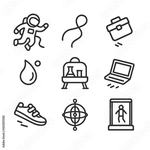 Zero Gravity Icons. Outline icon set of zero gravity: floating astronaut, tether line, drifting toolbag, microgravity droplet,
