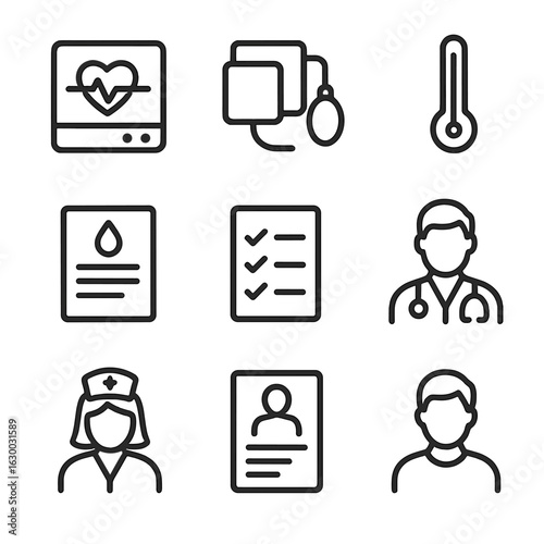 Medical Icon Set. Outline icon set of platelet monitoring and diagnostics: heart monitor, blood pressure cuff, thermometer, lab