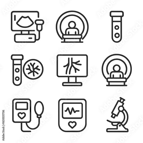 Medical Diagnostic Tools Icons. Outline icon set of clot diagnosis tools: ultrasound, MRI scan, blood test, coagulation test,