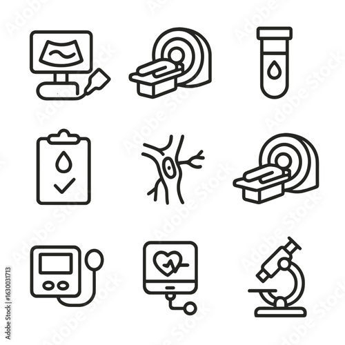 Medical Diagnostic Tools Icons. Outline icon set of clot diagnosis tools: ultrasound, MRI scan, blood test, coagulation test,