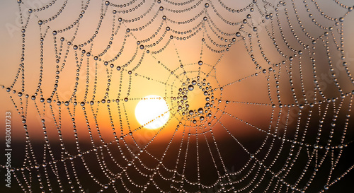 Morning dew glistening on spider web at sunrise nature photography outdoor landscape macro view