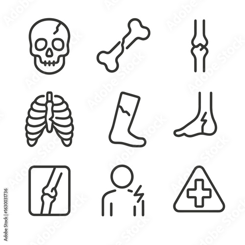 Medical Fracture Icons. Outline icon set of crack in medical imagery: skull fracture, bone crack, hairline fracture, cracked ribs,