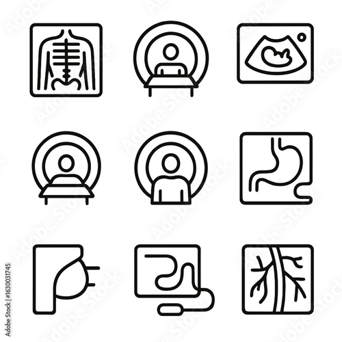 Medical Imaging Icons. Outline icon set of medical imaging shots: X-ray, MRI scan, ultrasound, CT scan, PET scan, fluoroscopy,