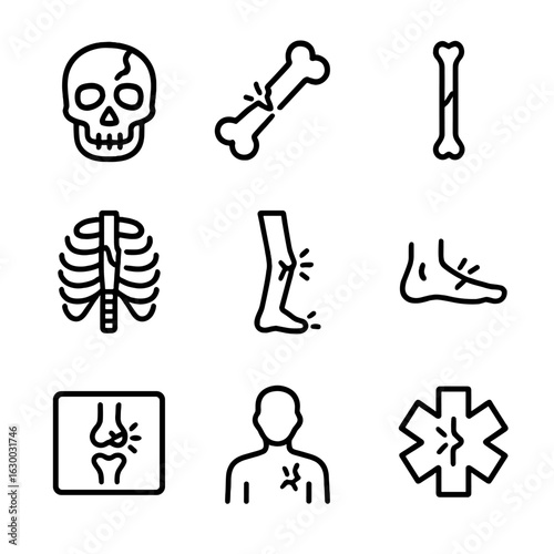 Medical Fracture Icons. Outline icon set of crack in medical imagery: skull fracture, bone crack, hairline fracture, cracked ribs,