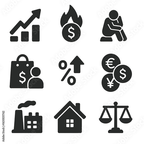 Economic Icons Grid. Solid, filled icons set of economic indicators: GDP growth, inflation rate, unemployment,