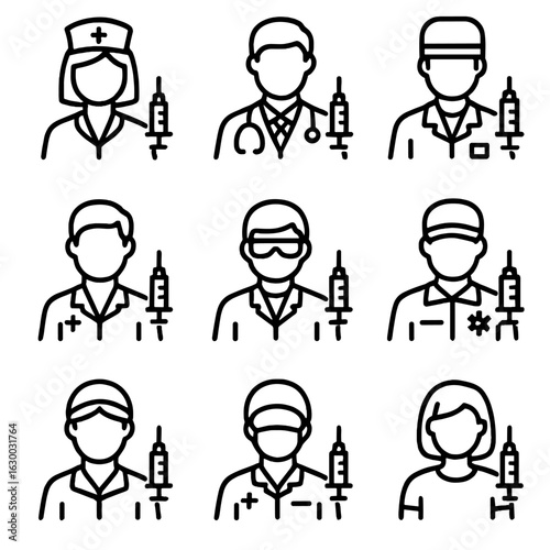 Medical Staff Icons. Outline icon set of syringe-related medical staff: nurse, doctor, phlebotomist, pharmacist, lab technician,