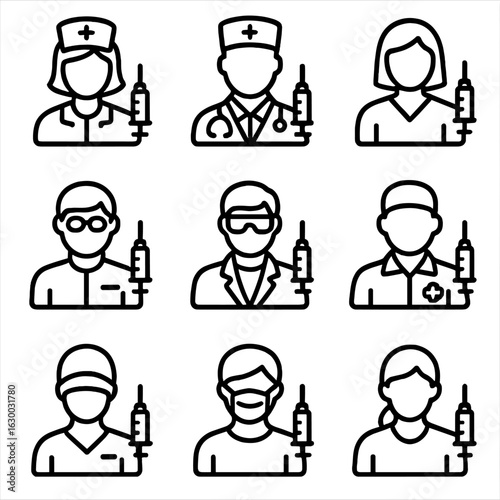 Medical Staff Icons. Outline icon set of syringe-related medical staff: nurse, doctor, phlebotomist, pharmacist, lab technician,