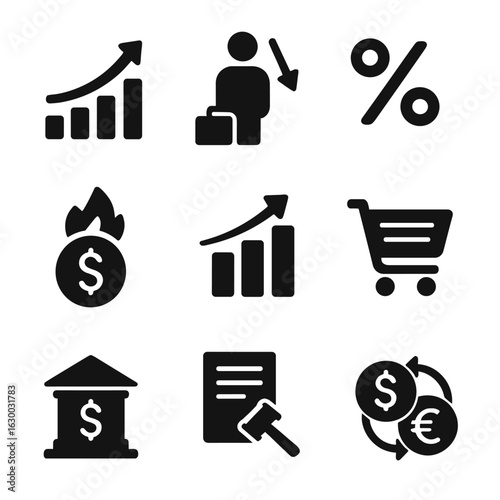 Economic Indicators Icons. Solid, filled icons set of Economic indicators affecting consumer confidence: stock