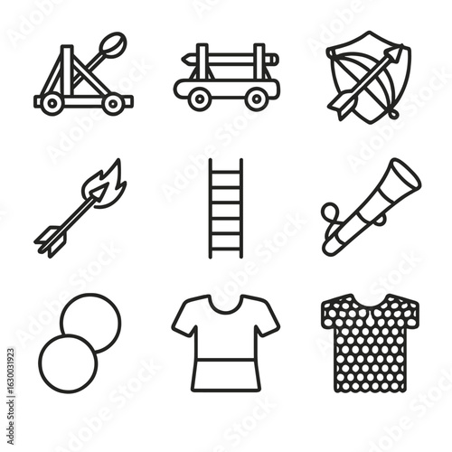 Medieval Siege Icon Set. Outline icon set of dark tower siege tools: catapult, battering ram, shield, crossbow, flaming arrow,