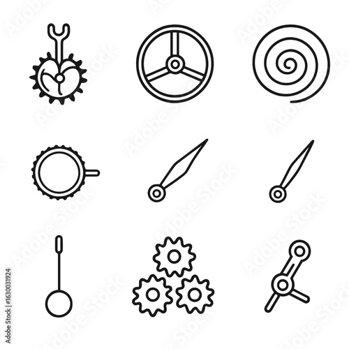Clockwork Mechanisms Icons. Outline icon set of clockwork mechanisms: escapement, balance wheel, mainspring, winding crown, hour