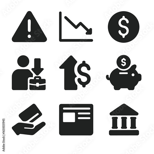 Economic Uncertainty Icons. Solid, filled icons set of Economic uncertainty effects: warning triangle,
