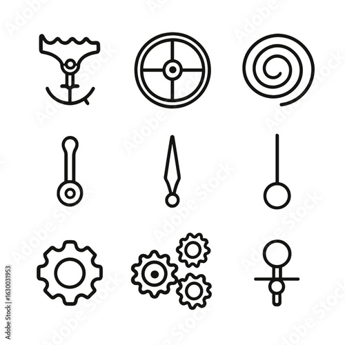 Clockwork Mechanisms Icons. Outline icon set of clockwork mechanisms: escapement, balance wheel, mainspring, winding crown, hour