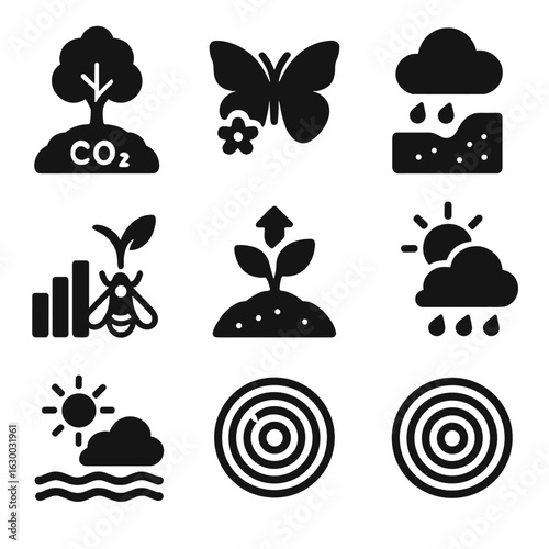 Ecosystem Services Icons. Solid, filled icons set of ecosystem services: carbon sink, biodiversity icon,