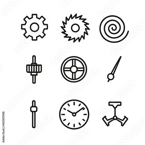 Clockwork Icon Set. Outline icon set of clock mechanics: gear wheel, escapement, mainspring, balance wheel, pinion, winding stem,