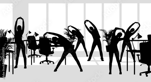 Office workers practicing stretching exercises for better health and productivity during the workday in a modern workspace
