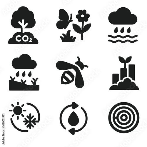 Ecosystem Services Icons. Solid, filled icons set of ecosystem services: carbon sink, biodiversity icon,